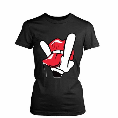 Cartoon Hand Tongue Licking Lips Dope Swag Funny Cool Crazy Women's T-Shirt Tee