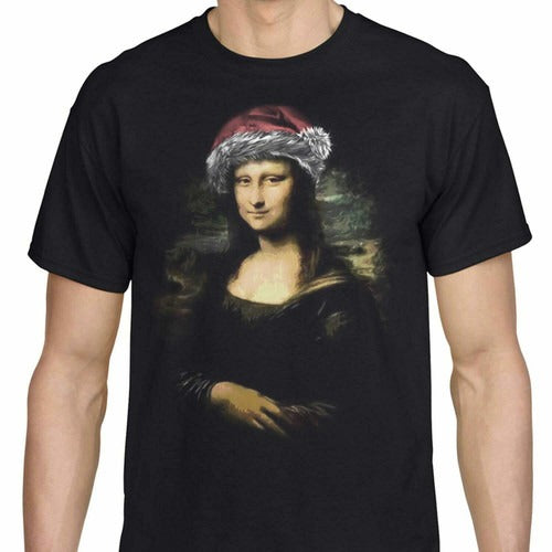 Christmas Santa Hat Mona Lisa Funny Vintage Xmas Man's T-Shirt Tee