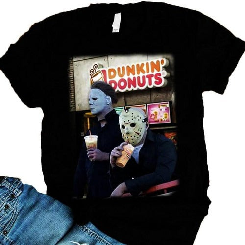 Dukin Donuts Jason Voorhees Michael Myers Halloween Funny Man's T-Shirt Tee