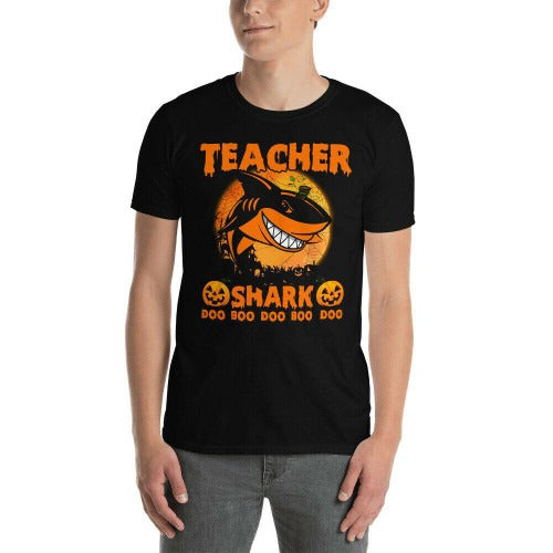 Eacher Shark Doo Boo Pumpkin Funny Halloween Man's T-Shirt Tee