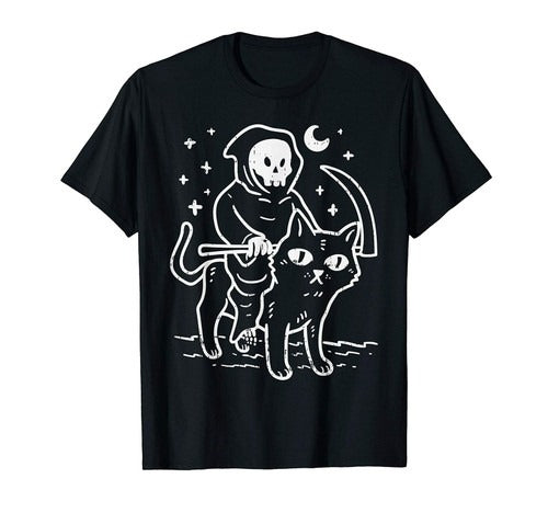 Grim Reaper Riding Cat Moon Funny Death Halloween Man's T-Shirt Tee