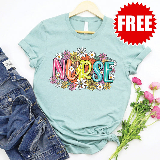 Nurse Retro Tee - Heather Dusty Blue - FREE