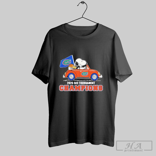 Official Snoopy And Woodstock Driving Car Florida Gators Basketball 2025 Sec Tournament Champions T Shirts