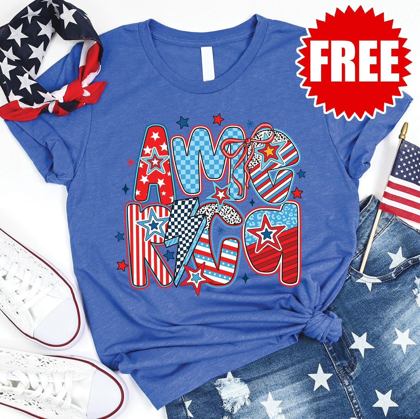 Retro America 2 Tee - Heather Royal Blue - FREE