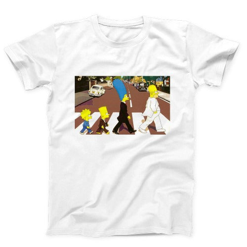 The Simpsons Abbey Road Funny Cartoon The Beatles Poster Man's T-Shirt Tee