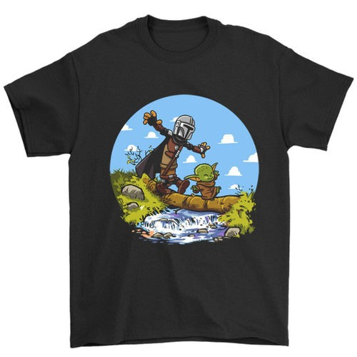 Walking Baby Yoda And Mercenary Mandalorian Man's T-Shirt Tee